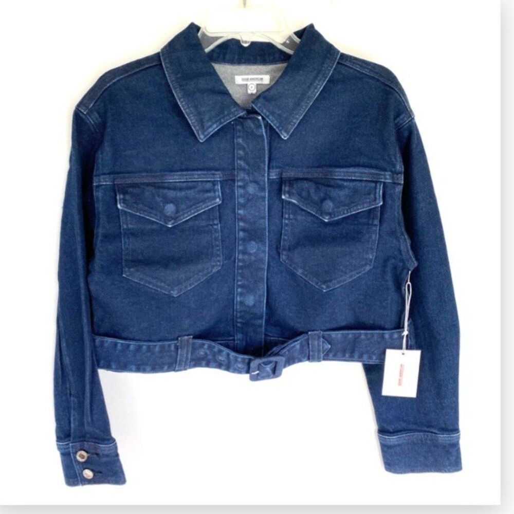 Good American Belted Cropped Denim Jacket NWT Medium (6–8) Dark Wash